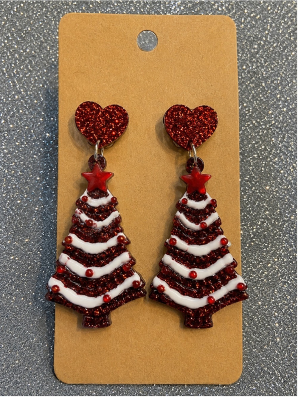 Christmas Tree & Red Glitter Heart Dangle Earrings